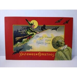 Halloween Postcard Fantasy Witch Moon Bats Victorian Lady EC Banks Albert Wilson